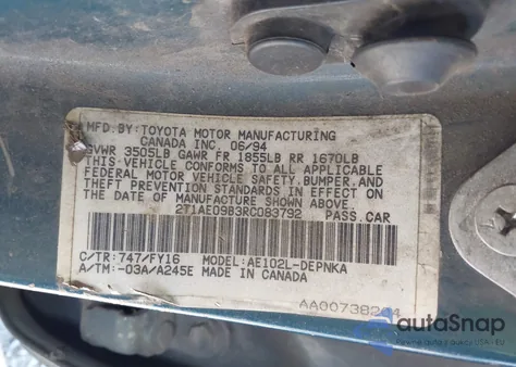 1994 Toyota Corolla Le/Dx z USA, uszkodzony, nr VIN 2T1AE09B3RC083792